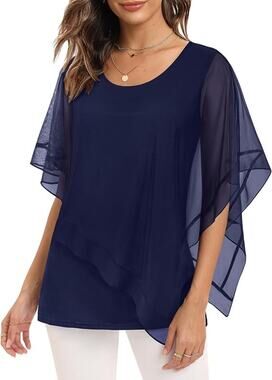SeSe Code Navy Blue Mesh Blouse Women's Medium Flowy Poncho Dressy Casual Shirts